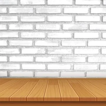 Vector wood table top on brick wall background Stock Illustration
