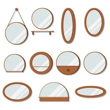 Vector wooden frames mirrors set of round shape. Stock Illustration