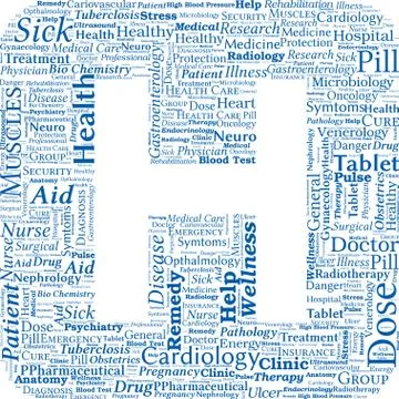 Vector Word Cloud with the shape of Hospital Sign - Medical, Health Concept Illustrazione stock