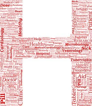 Vector Word Cloud with the shape of Hospital Sign - Medical, Health Concept Stock Illustration