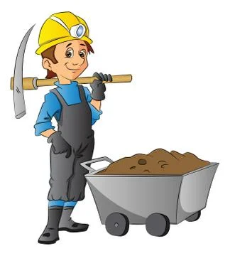 Vector of worker holding pickaxe next to wheelbarrow full of mud. 스톡 일러스트