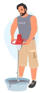 Vector worker making cement mixing with construction mixer Stock Illustration