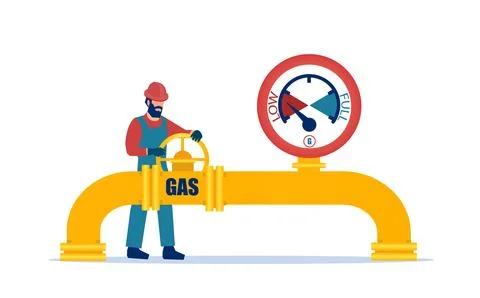 Vector of a worker turns off a valve on a gas pipeline. Stock Illustration