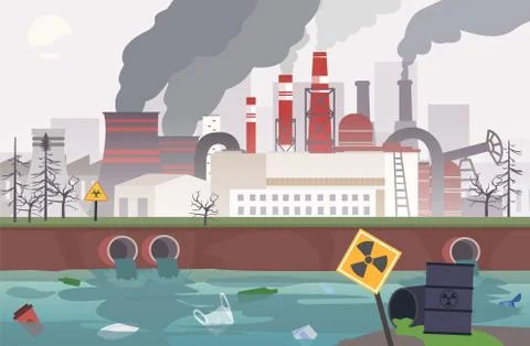 Vector of a working factory polluting air, water and soil Stock Illustration