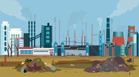 Vector of a working factory polluting air, water and soil with toxic waste Stock Illustration