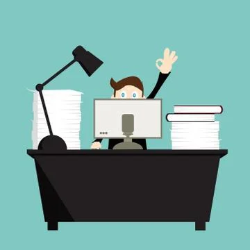 Vector working hard business man on his desk .paper book and lamp 스톡 일러스트