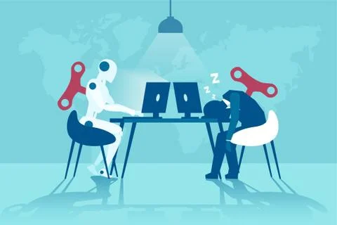 Vector of a working robot vs sleepy businessman working on computer. Stock Illustration