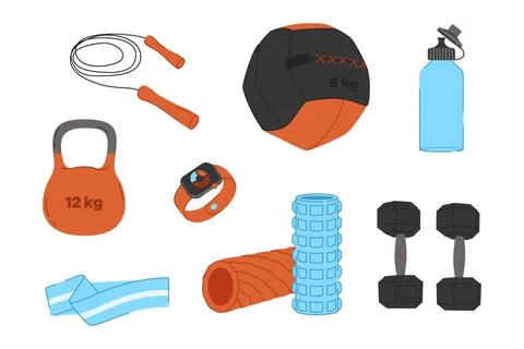 Vector workout and fitness objects set. Gym equipment flat design. Collection Stock Illustration