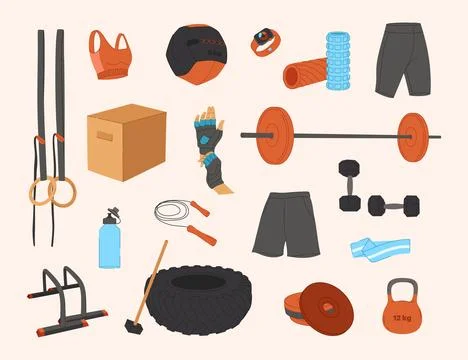Vector workout objects set. Gym equipment flat design. Collection on sport th Stock Illustration
