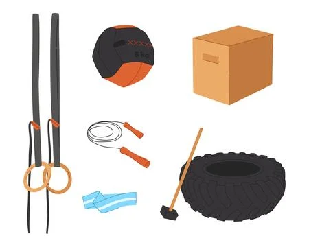 Vector workout objects set. Gym equipment flat design. Collection on sport th Stock Illustration