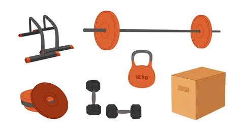 Vector workout objects set. Gym equipment flat design. Collection on sport .. Stock Illustration