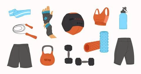 Vector workout objects set. Gym equipment flat design. Collection on sport .. Stock Illustration