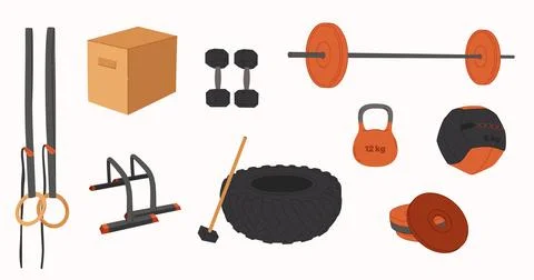 Vector workout objects set. Gym equipment flat design. Collection on sport .. Stock Illustration