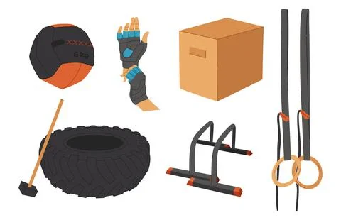 Vector workout objects set. Gym equipment flat design. Collection on sport th Stock Illustration