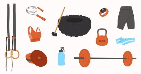 Vector workout objects set. Gym equipment flat design. Collection on sport .. Stock Illustration