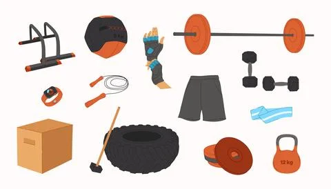 Vector workout objects set. Gym equipment flat design. Collection on sport .. Stock Illustration