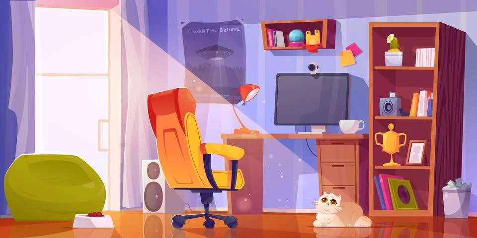 Vector workplace with computer for study and cat Stock Illustration