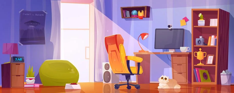 Vector workplace with computer for study and cat Stock Illustration