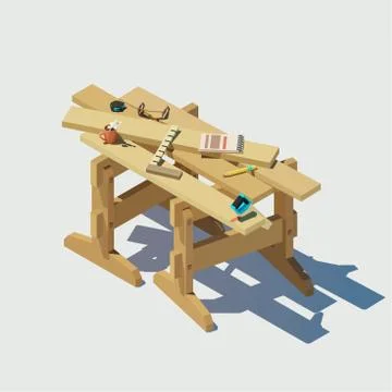 Vector workplace of a joiner. Sawing boards with a hand saw Stock Illustration