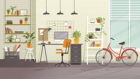 Vector workplace modern design. Office, studio, cabinet or home workspace Stock Illustration