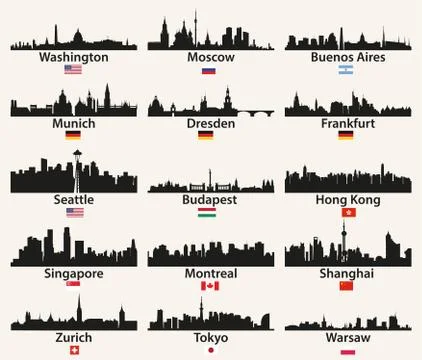 Vector world cities skylines silhouettes Ilustración de archivo
