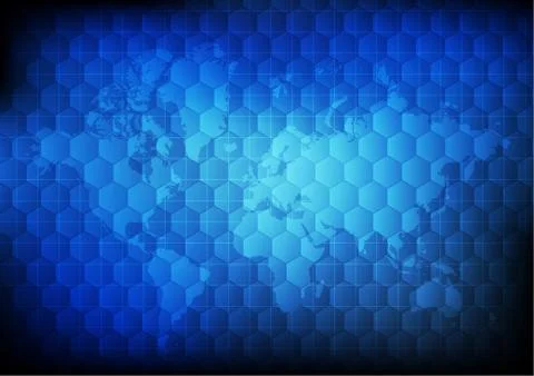 Vector : world map with abstract honeycombs on blue background Stock Illustration