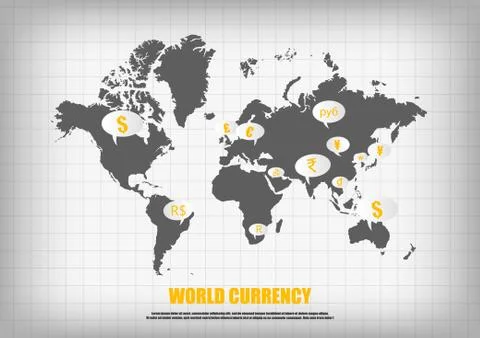 Vector : World map and currency in bubble quotes for each country Stock Illustration