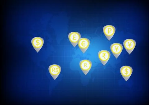 Vector : World map and currency symbols on blue grid background Stock Illustration