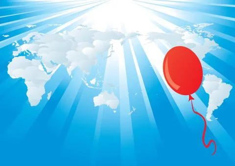 Vector world map background with rays and balloon Stock Illustration