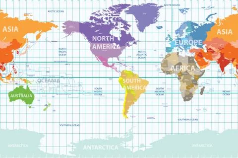 Vector world map colored by continents and centered by America Stock Illustration