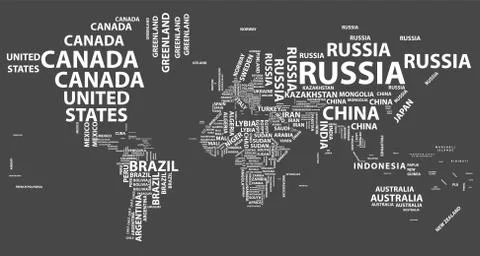 Vector world map with country names in typography Illustrazione stock