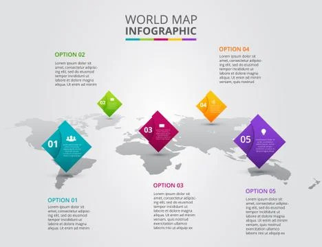 Vector world map with infographic elements. Stock Illustration