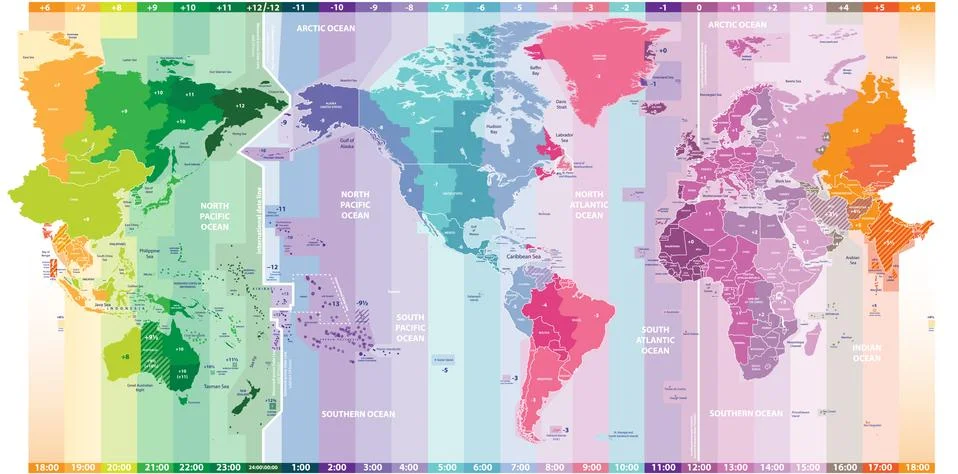 Vector world map of local time zones centered by America Stock Illustration