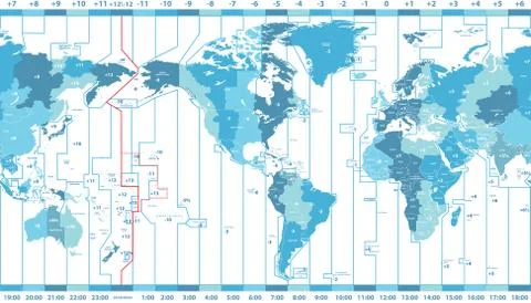 Vector world map of local time zones centered by America Stock Illustration