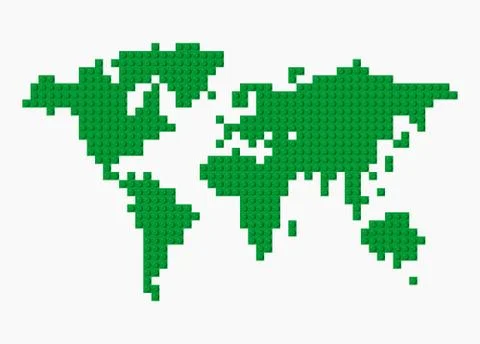 Vector world map made from green plastic construction blocks. Stock Illustration