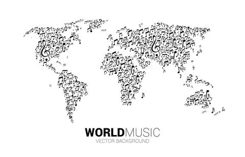 Vector world map from music melody note dancing flow. Concept background for  Stockillustratie