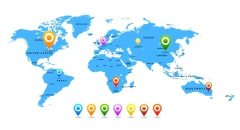 Vector World map with pointers isolated on white background Illustrazione stock