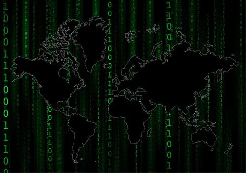 Vector :Worldmap and binary code on black background イラスト素材