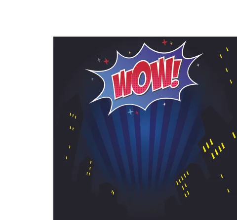 Vector of wow text on blue explosion, over dark city buildings at night Ilustración de archivo
