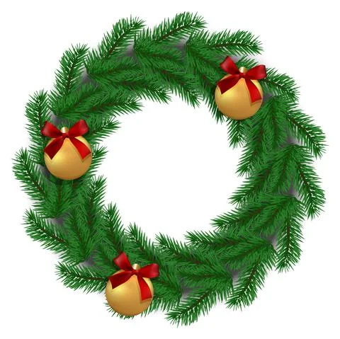 Vector. Wreath with Christmas decorations, balls, satin red bows. Stock Illustration