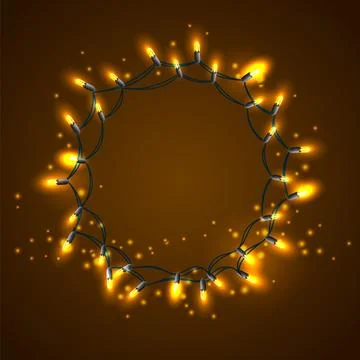 Vector wreath consisting of shined lights garland. Yellow and dark brown colors. Stock Illustration