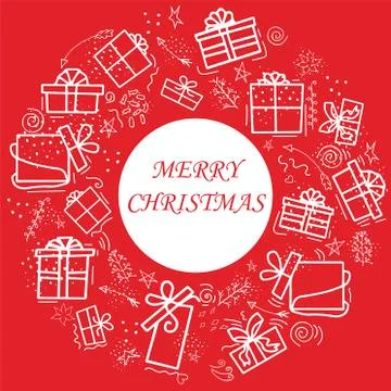 Vector wreath of elements on a red background for the holidays with gifts. in Stock Illustration