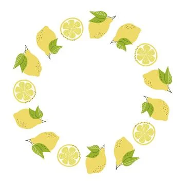 Vector wreath of full lemons with green leaves and slices.  Round fruit border. Ilustração Stock