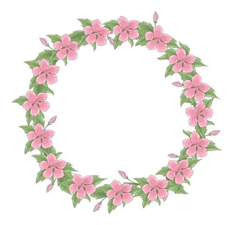 Vector wreath of many delicate pink flowers and foliage. Spring frame Stock Illustration
