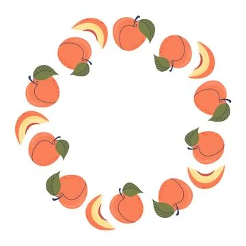 Vector wreath of peach fruits. Full fruits with green leaves and pieces. 库存插图