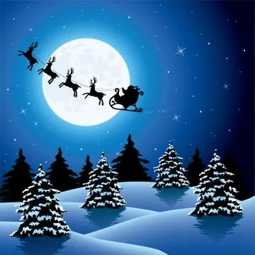 Vector xmas holiday background with  flying santa claus  and reindeers Stock Illustration
