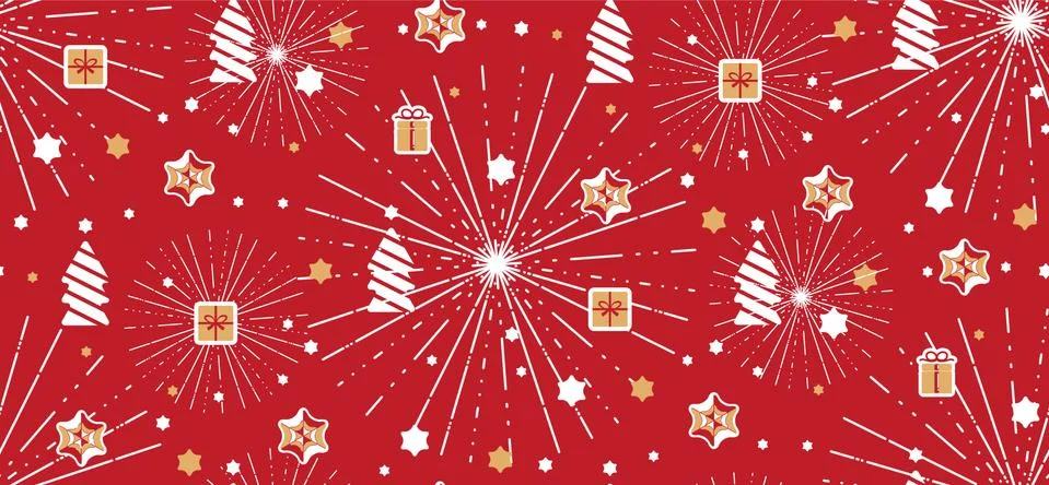 Vector xmas pattern with hand drawn trees, gift boxes, sunrise ribbons. Stock Illustration