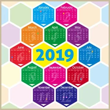 Vector year of 2019 calendar with hexagon pattern 스톡 일러스트
