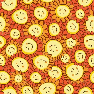 Vector yellow and orange doodle cute happy smiley face sun flowers seamless r Stock Illustration