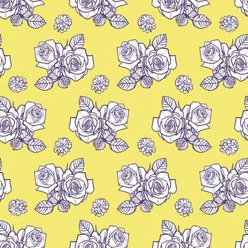 Vector yellow and white roses and berries seamless pattern. Perfect for fabri Stock Illustration